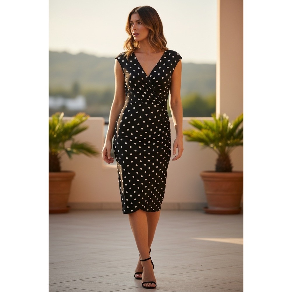 Lauren Ralph Lauren Women Polka Dot Surplice Faux Wrap Ruched Sheath Dress Sz 4